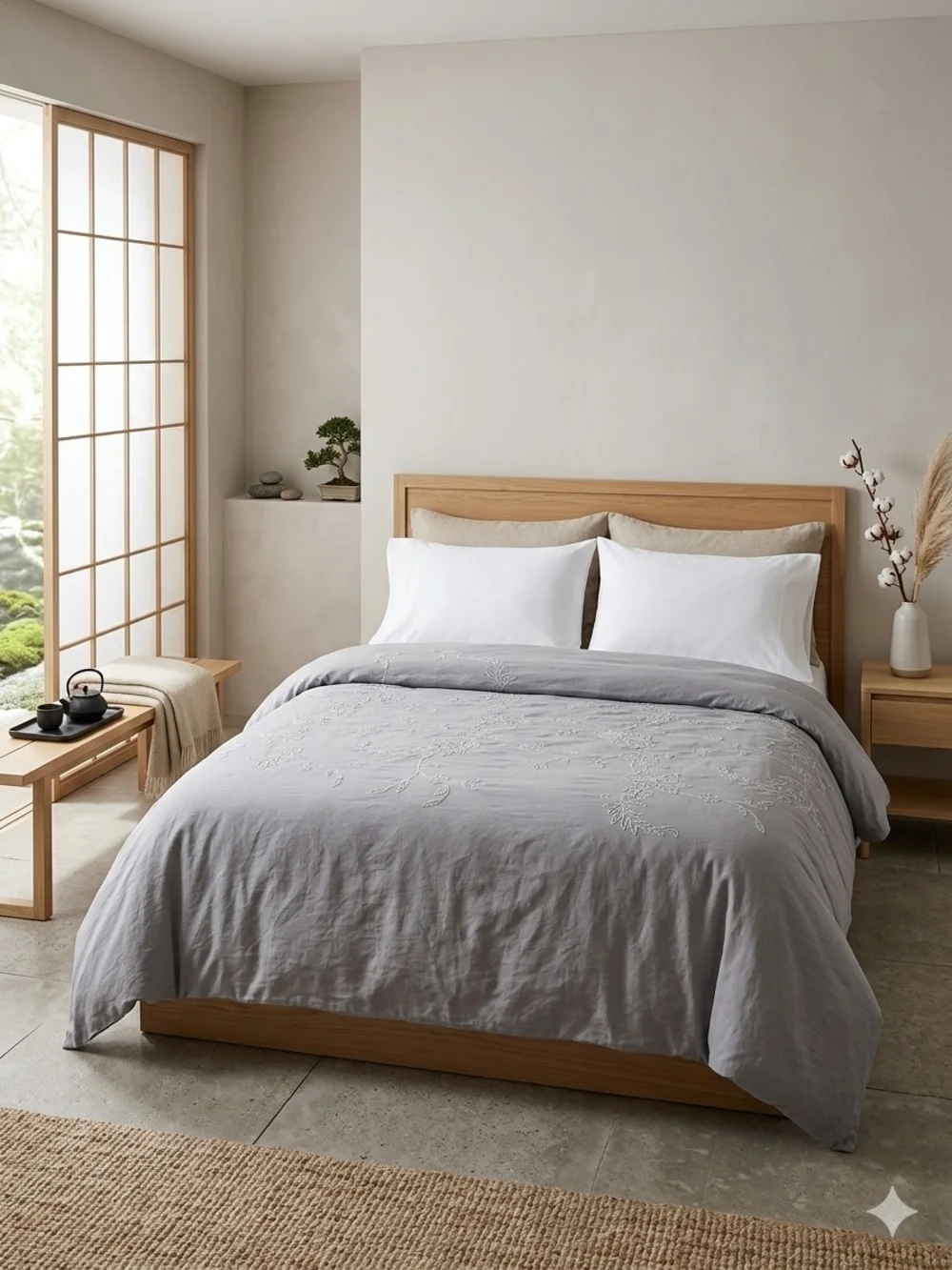Pottery Barn 85% Cotton 15% Linen Full Queen Grey Floral Embroidery Duvet Cover